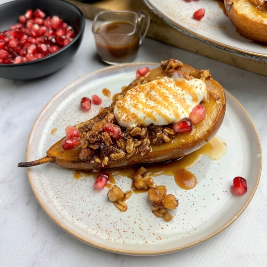 Pear Crumble with Caramel Sauce